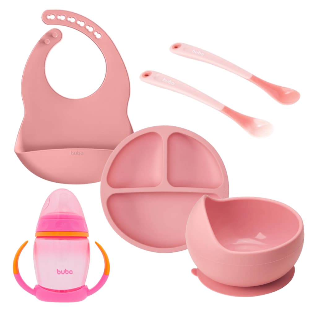 Kit Personalize Introdução Alimentar Buba Silicone Rosa– Babador, Prato, Bowl, Copo e Colheres