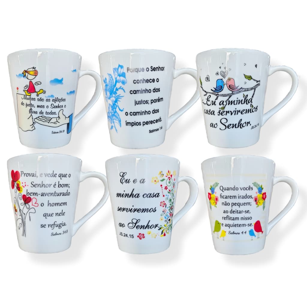 Canecas de porcelana brancas, cônicas, decoradas, 290 ml, xícara, café, chá, Col1-FÉ-SALMOS