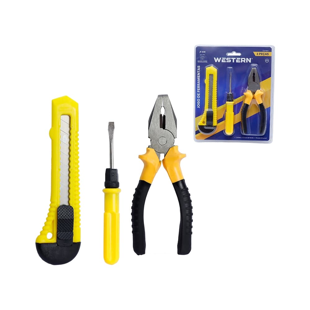Kit Ferramentas 3 Peças - Alicate - Estilete - Chave Fenda