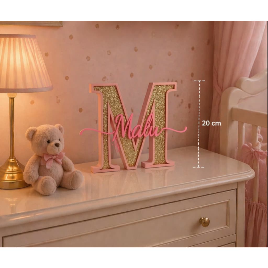 Letra Decorativa 3D Personalizada com Nome – Inicial Glitter Quarto Bebê Infantil (20cm)