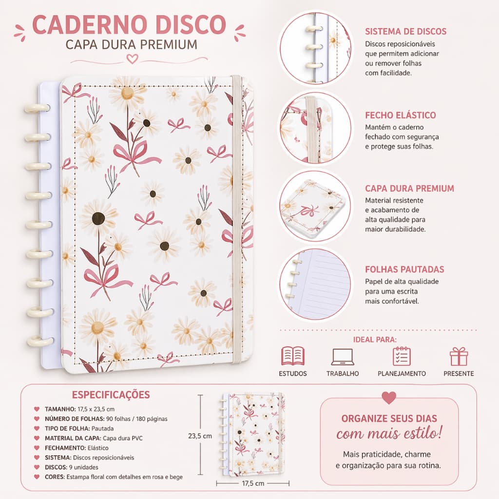 Caderno Disko Laços Capa Dura Disco Reposicionável Médio Criativo e Organizado