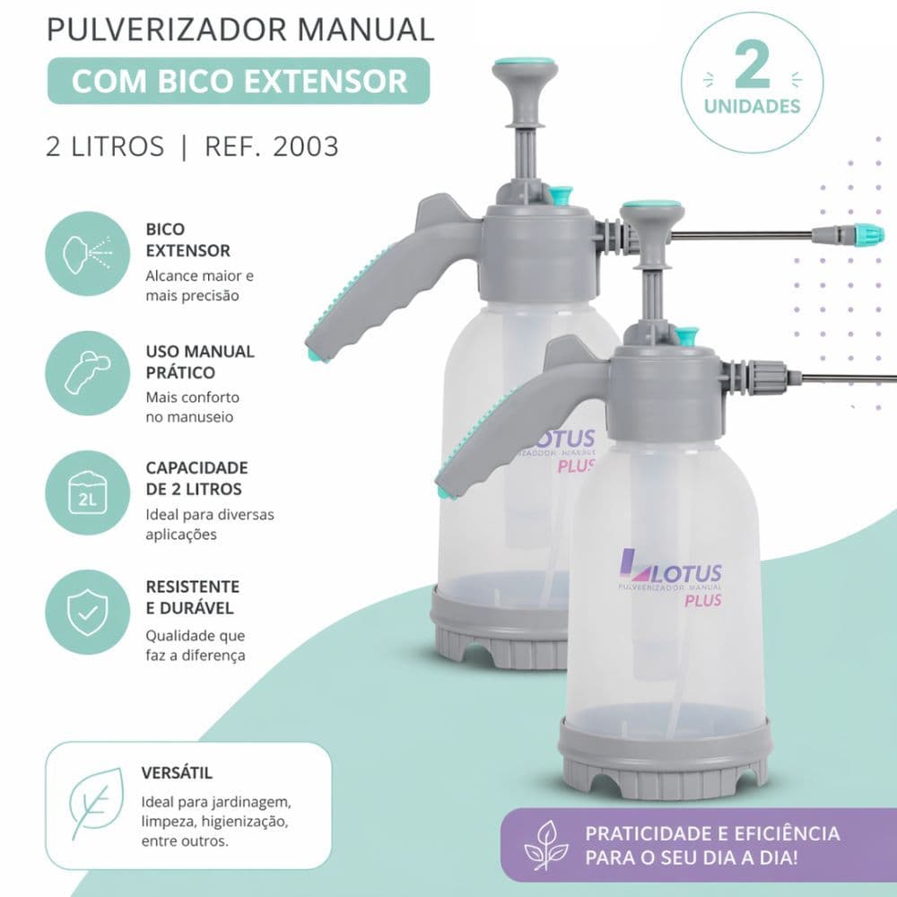 Pulverizador Manual Lotus 2L com Bico Extensor Profissional + Kit 2 Unidades Ref. 2003 Alta Pressão