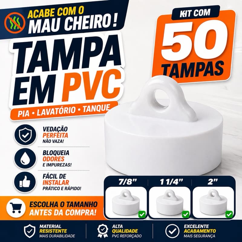Tampa PVC para Pia/Tanque 7/8 1.1/4 e 2” –Kit com 50 Unidades - Vedação Perfeita Alta Qualidade