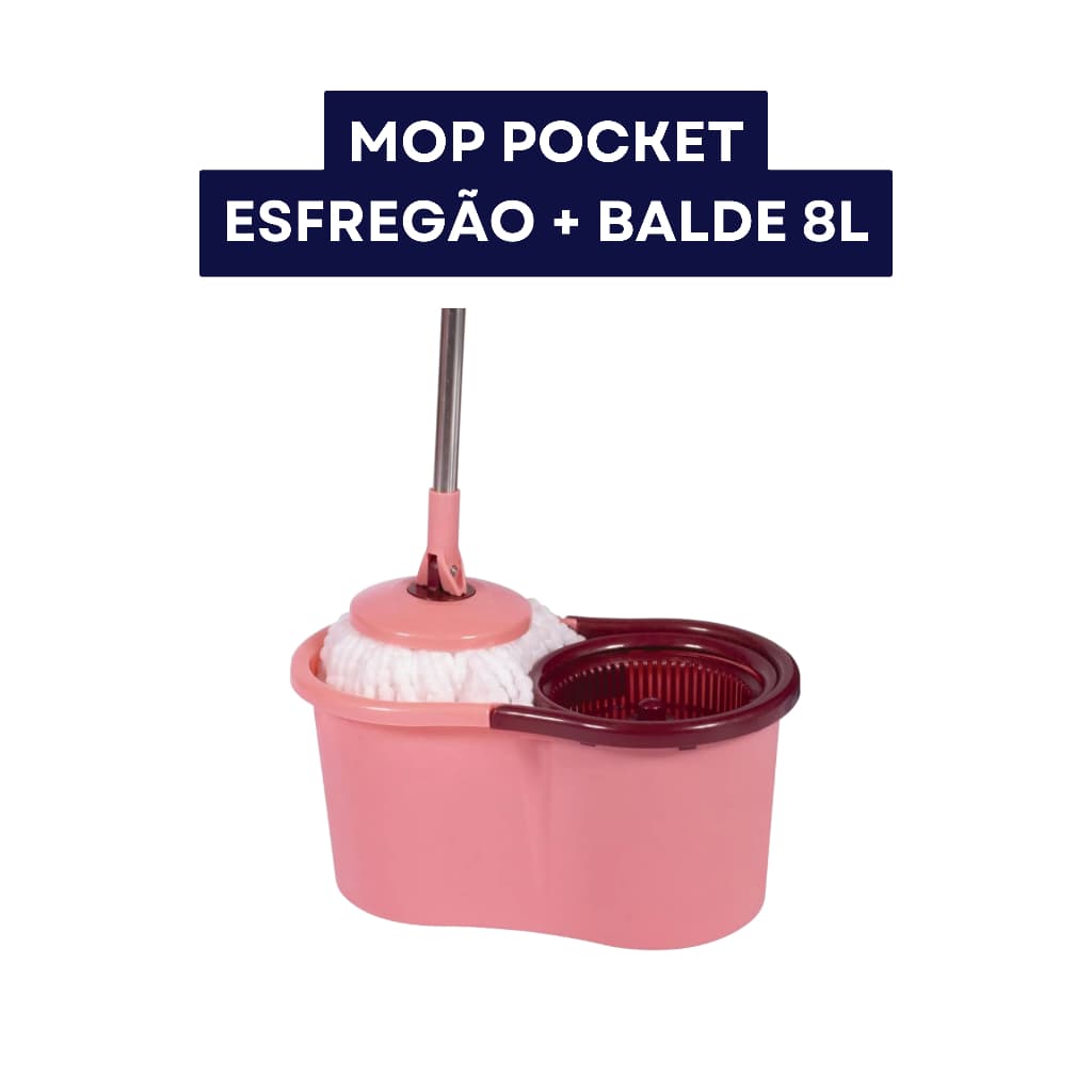 Mop Rosa com Balde Giratório 8 Litros - Esfregão Pocket com Alça e Sistema de Secagem - Limpeza de Casa