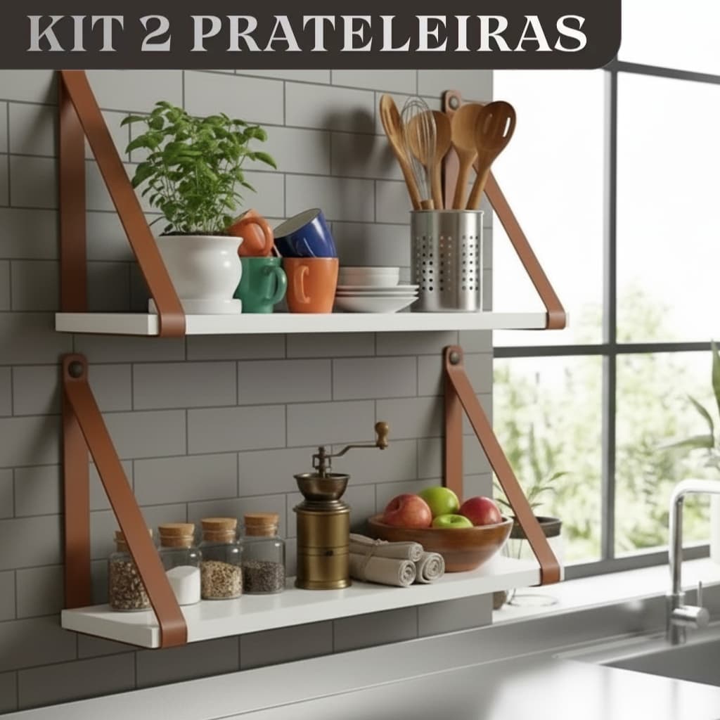 Kit 2 Prateleiras de 15x45cm Branca Alça de Couro Ecológico Caramelo Resistente Design Moderno