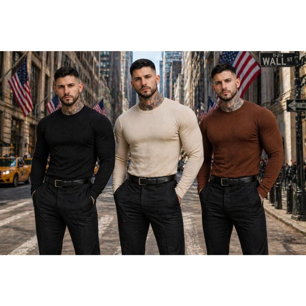 Manga longa canelada premium blusa masculina estilo americano slim justo ao corpo
