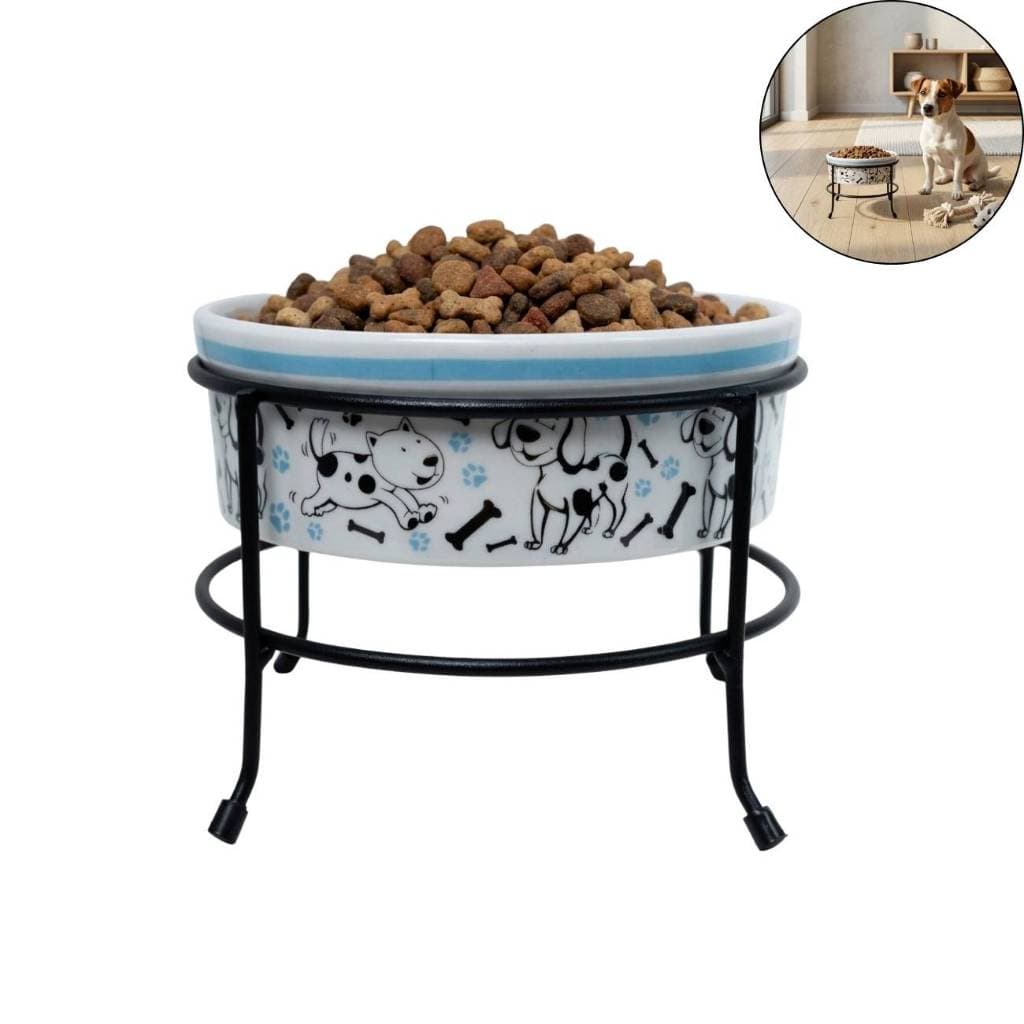 Pote Comedouro e Bebedouro Caes e Gatos Ração Suporte Elevado 600ML Porcelana