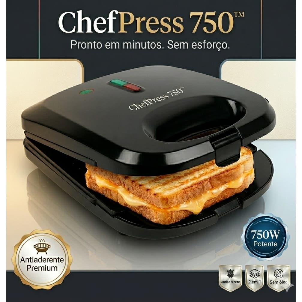 Sanduicheira Grill Eletrica Antiaderente Prensa Dupla 750w ChefPress 750™ Rápida Versátil e Compacta