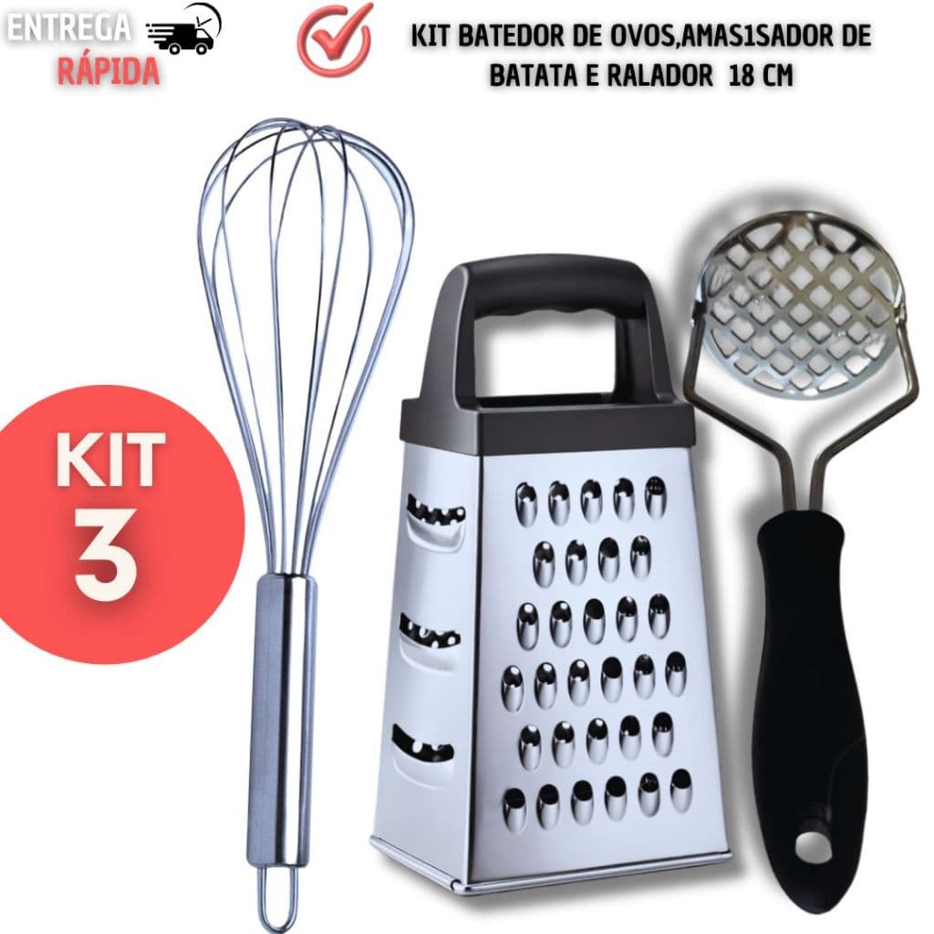 Cozinha Amassador de Batata + Fuê (Batedor) + Ralador Inox – Prático e Resistente