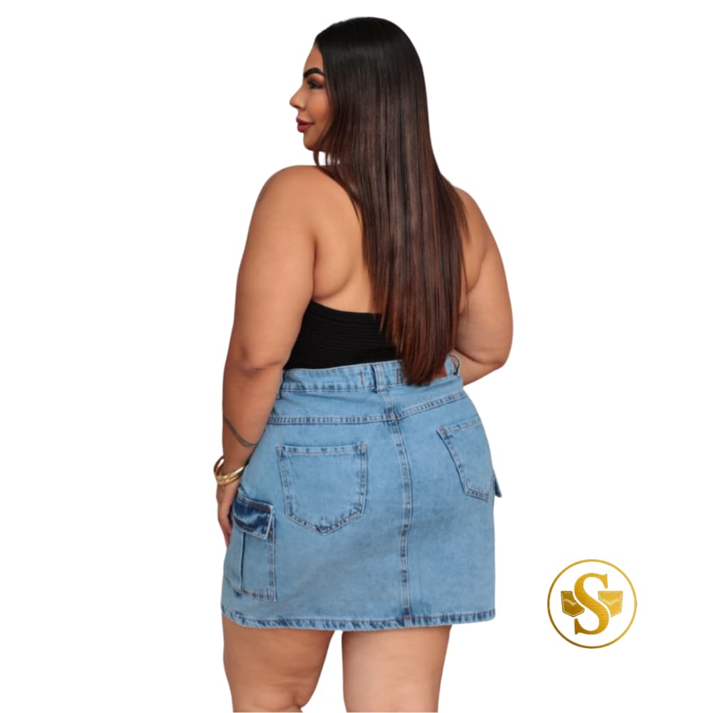 Saia Jeans Cargo Plus Size Confortável 100% Algodão Cintura Alta Bolsos Laterais 46 ao 54 Azul Aço
