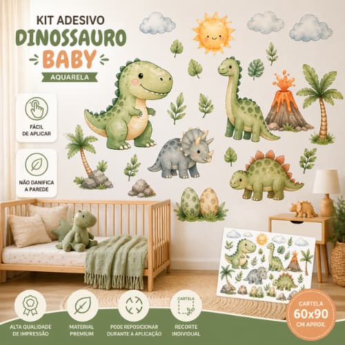 Kit Completo Adesivo Parede Infantil Dinossauro Baby Aquarela Quarto Decoração Dino Quartinho de Bebe Dinossauro