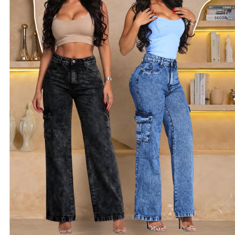 Kit 2 Calça Jeans Feminina Cargo Bolsos Laterais 100% Jeans Premium Wide Leg