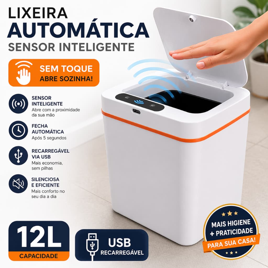 Lixeira Automática 12L Sensor Inteligente Sem Toque Recarregável USB Cozinha Banheiro