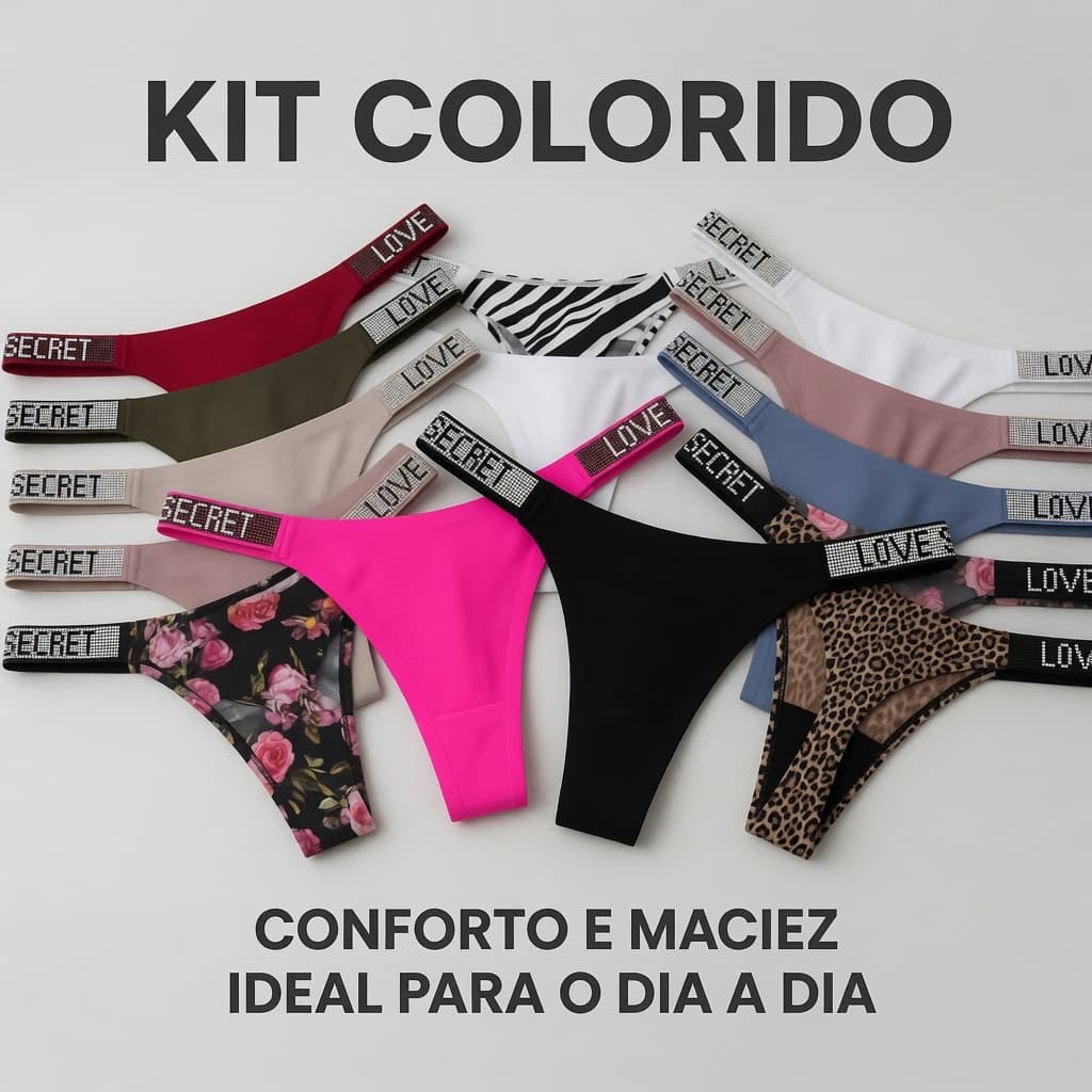 Kit 3/6/10 Calcinhas Fio Dental com Strass Love Secret Lisa  Cores Variadas Sem Costura