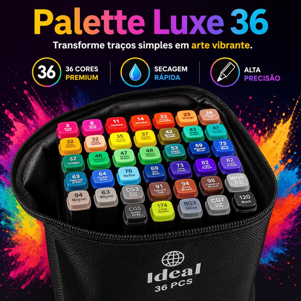 Canetinhas Hidrográficas 36 Cores Estojo Escolar Profissional Desenho Pintura Ideal Palette Luxe