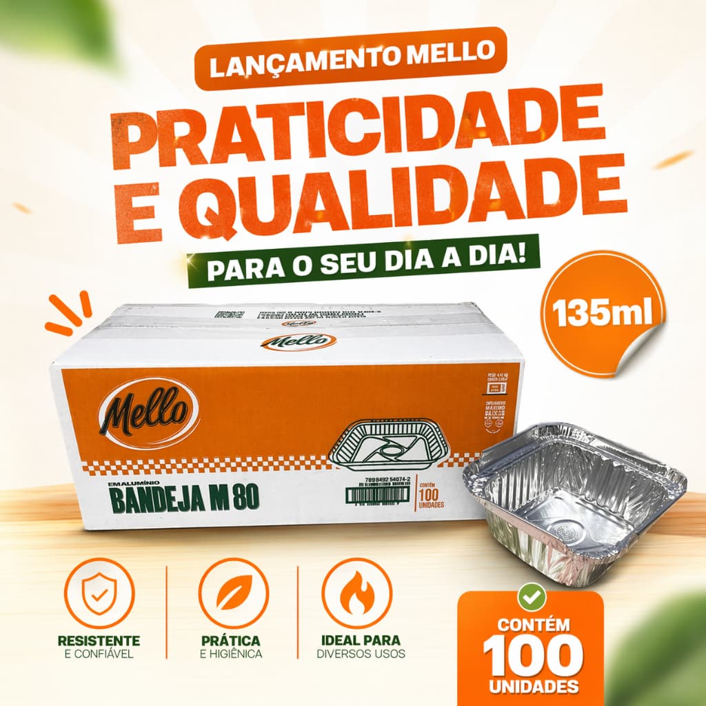 Marmita Marmitex Marmitinha  135ML descartável de  Alumínio  M80 -  CX 100UN Tampa Cartão Retangular