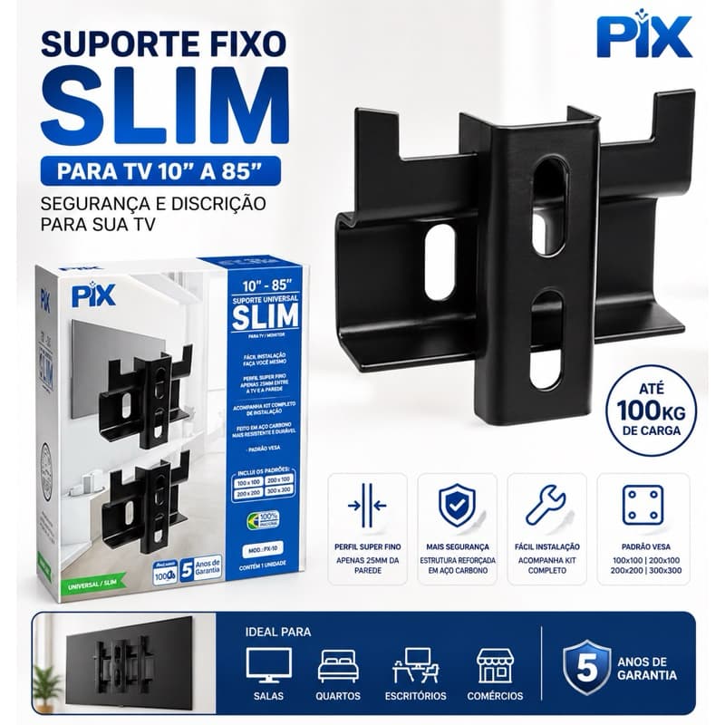 Suporte Fixo para TV 10 a 85 Polegadas Slim Universal Até 100kg Fácil Instalar