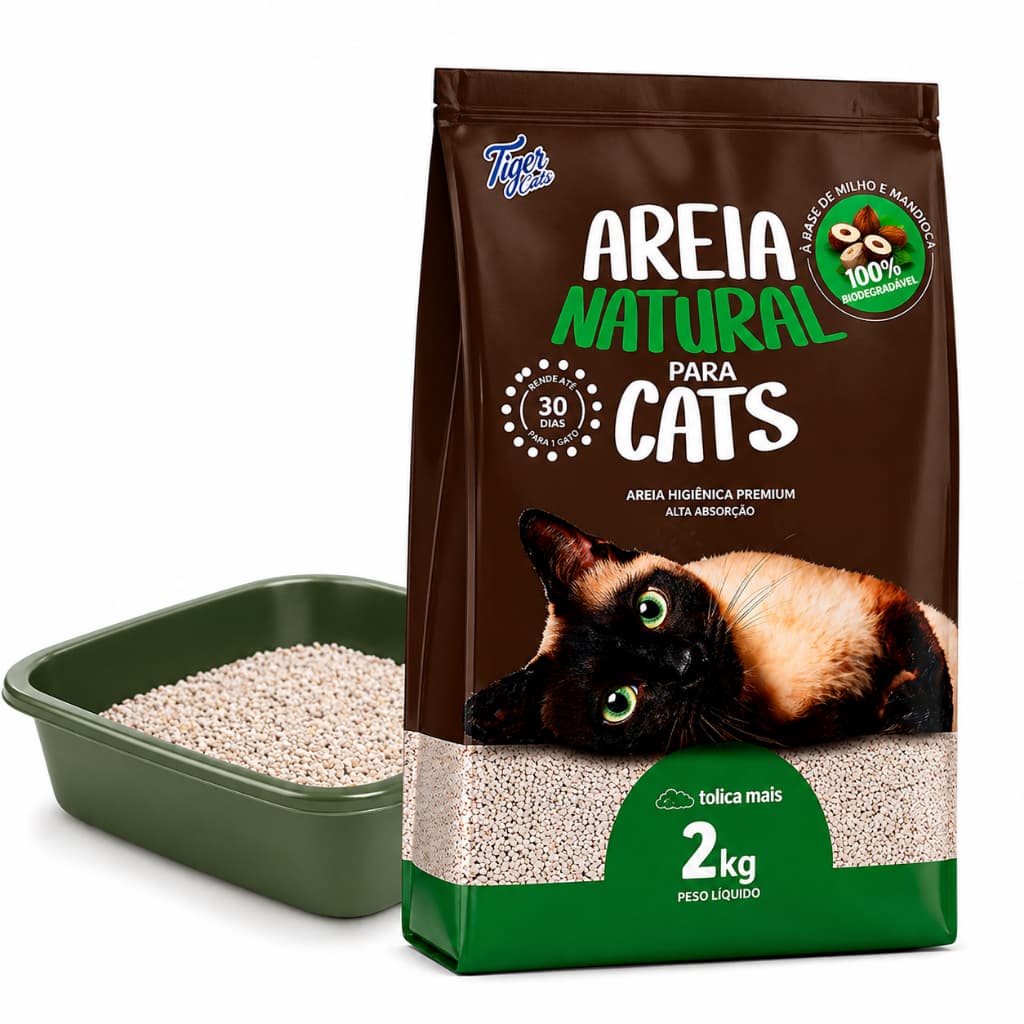Areia Higiênica Natural Biodegradável Gatos Tiger Cats 2kg forma torroes firmes em segundos