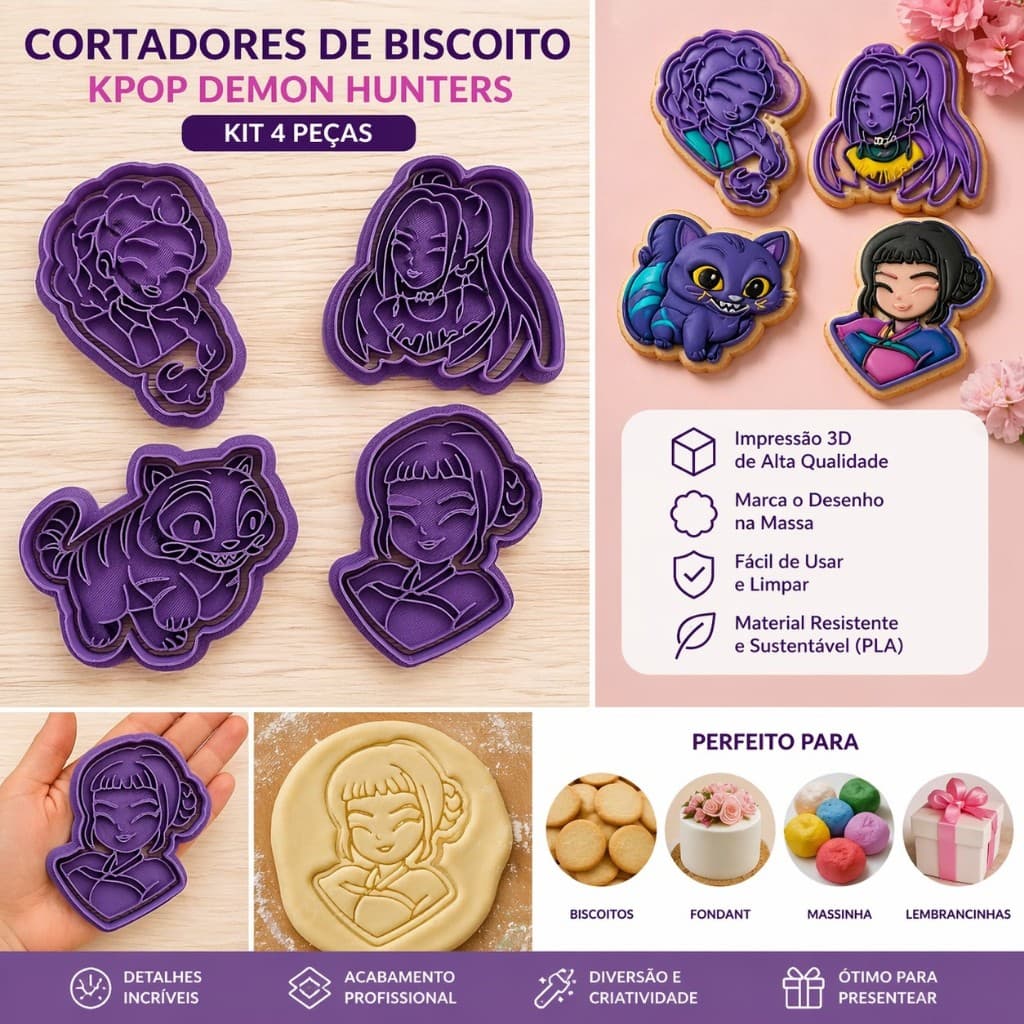 Cortadores de Biscoito Kpop Demon Hunters | Kit 3D Personagens Cartoon | Molde para Massa, Fondant e Massinha