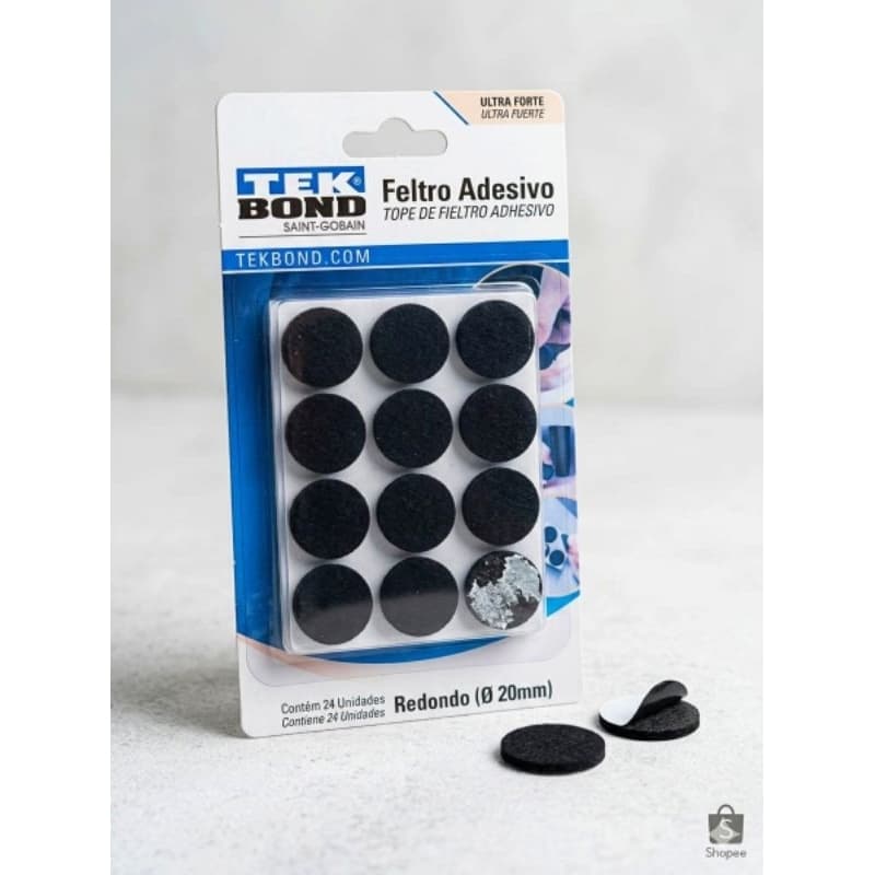 Feltro Adesivo Redondo Tekbond 20mm Preto - Kit 24 Unidades Protetor Anti-Impacto e Anti-Risco para Móveis