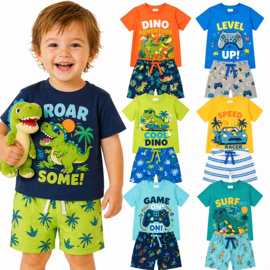 Kit Sortido 2 ou 6 Peças de Roupas Infantil Menino Camiseta e Bermudas Conjuntos de Roupa Infantil Menino Verão