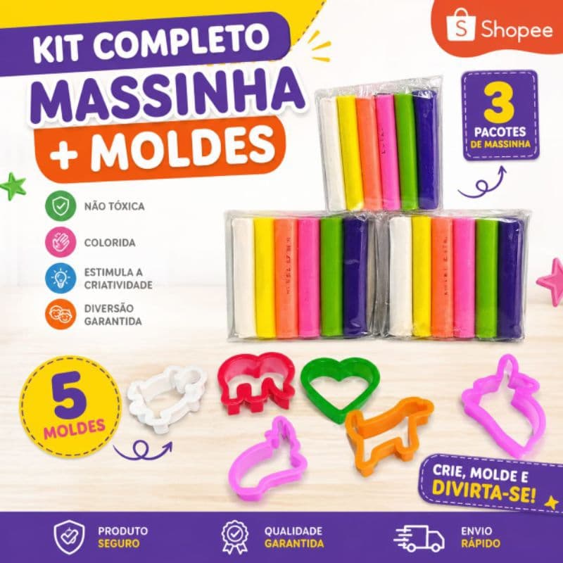 Kit Massinha de Modelar Infantil 3 Pacotes 90g Cada + 5 Moldes Brinquedo Educativo