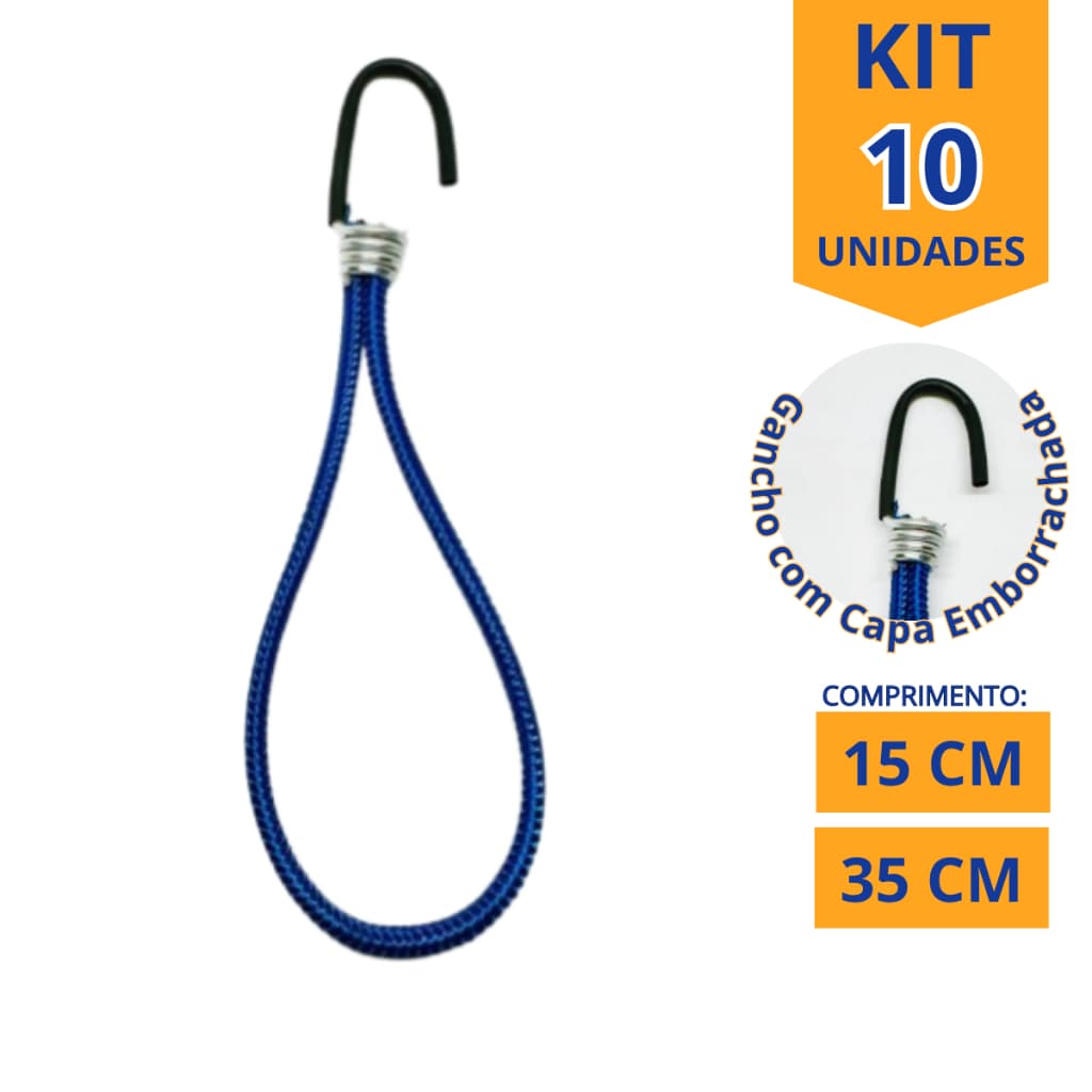 Kit 10 Elástico com Gancho Emborrachado Esticador para Lona de Caminhão, Capa de Piscina e Cargas