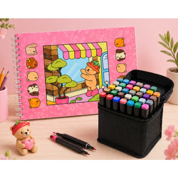 Livro de Colorir Ursinho + 24 Canetinhas Coloridas Ponta dupla com Estojo Portátil Infantil