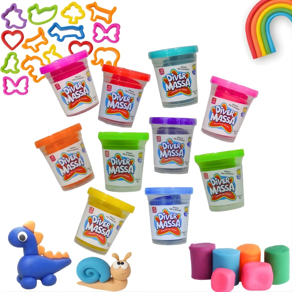 Kit 10 Massinhas Diver Massa Cores Sortidas Com 4 Moldes Sortidos Lembrancinha Infantil
