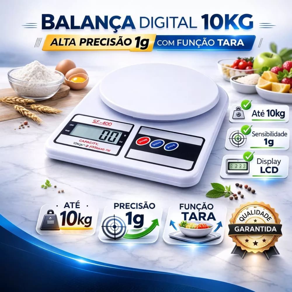 Balança Digital de Cozinha Pesa de 1G até 10kl Precisão e Versatilidade com Função TARA