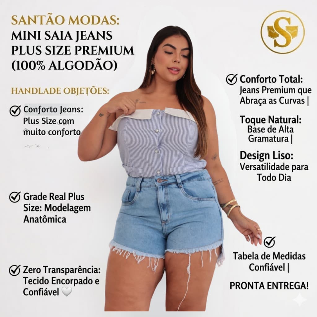 Short Jeans Plus Size Feminino Cintura Alta Barra Desfiada 100% Algodão Premium 46 ao 54 Azul Claro