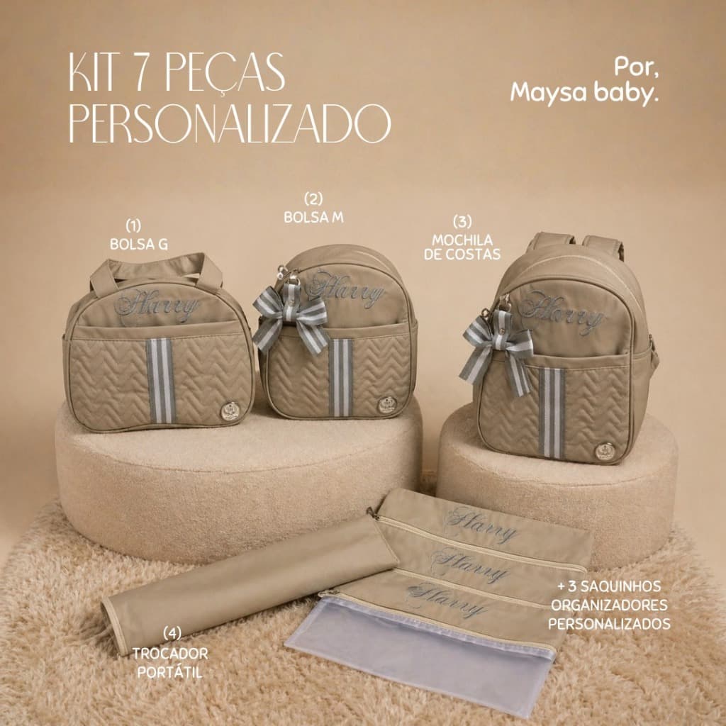 BOLSAS MATERNIDADE PERSONALIZADA COM FITAS 7 PEÇAS