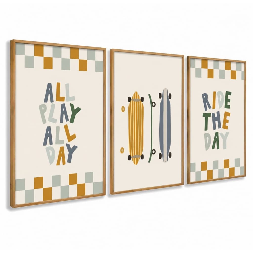 Kit 3 Quadros Decorativos Infantil | Skate, Skatista | Quarto Menino - No263