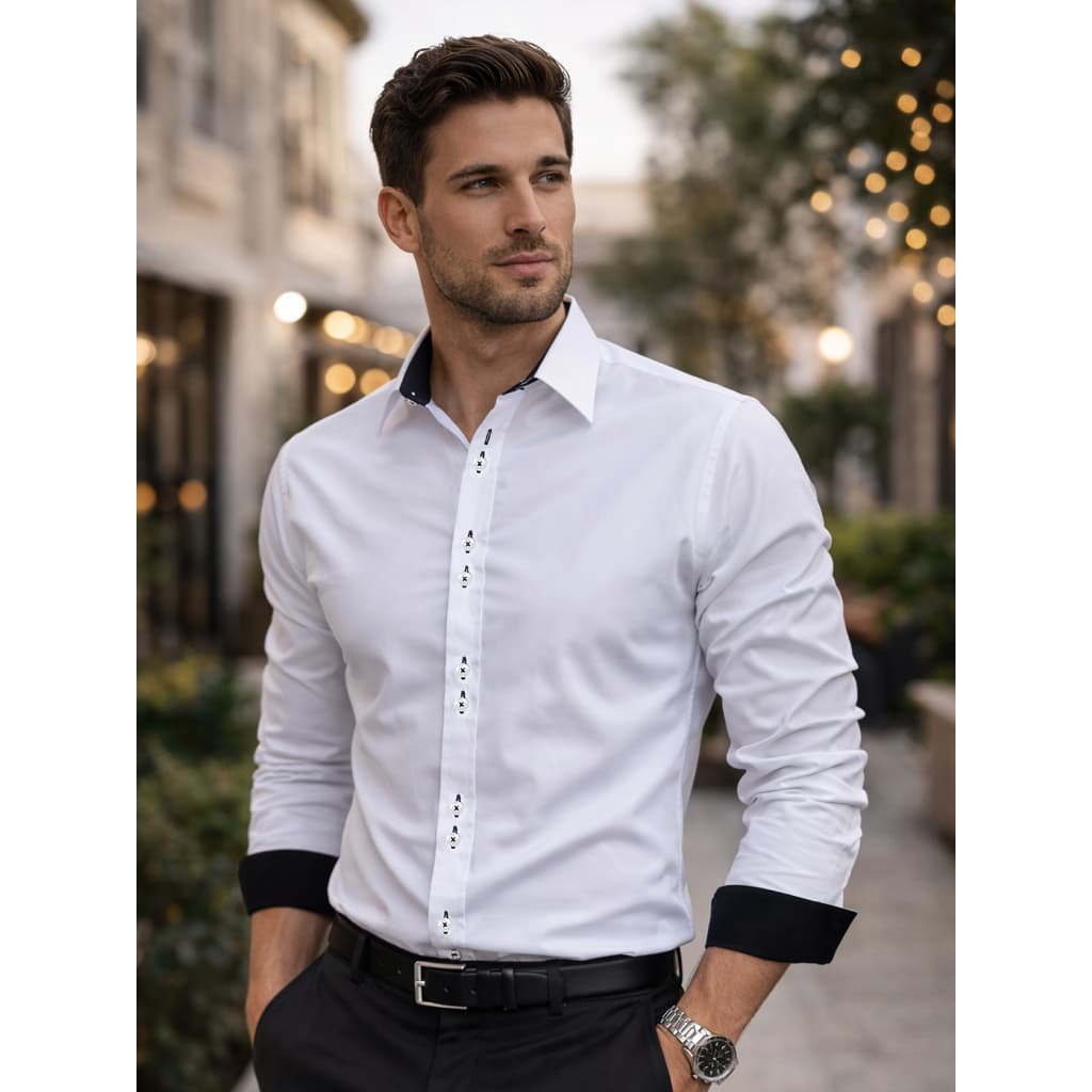 Camisa Social Masculina Slim Fit Manga Longa Não Amassa Fácil Passar Confortável Cor Branca Azul Branco e Preta