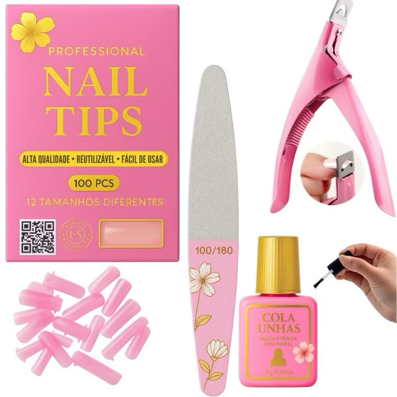 Kit de Unha em Gel Manicure Alongamento Tips Alicate Cortador Cola Pincel Lixa Bumerangue 100 Unhas Tips Curvatura C