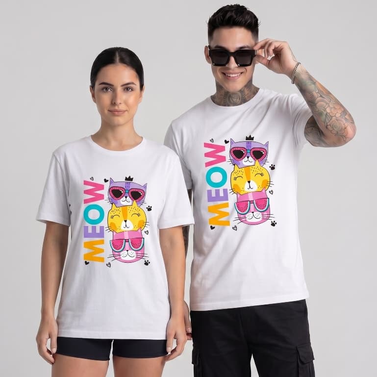 Camiseta Unissex de Algodão Premium Gatinhos Coloridos Estampa "MEOW" - Philklen