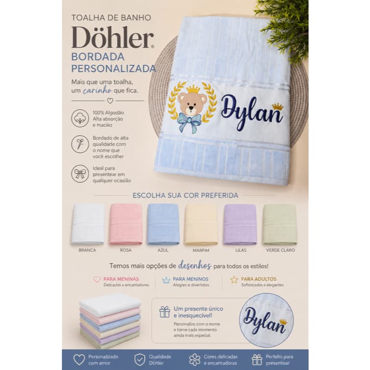 Toalha de Banho Döhler Bordada Personalizada com Nome | 100% Algodão | Presente Infantil e Adulto