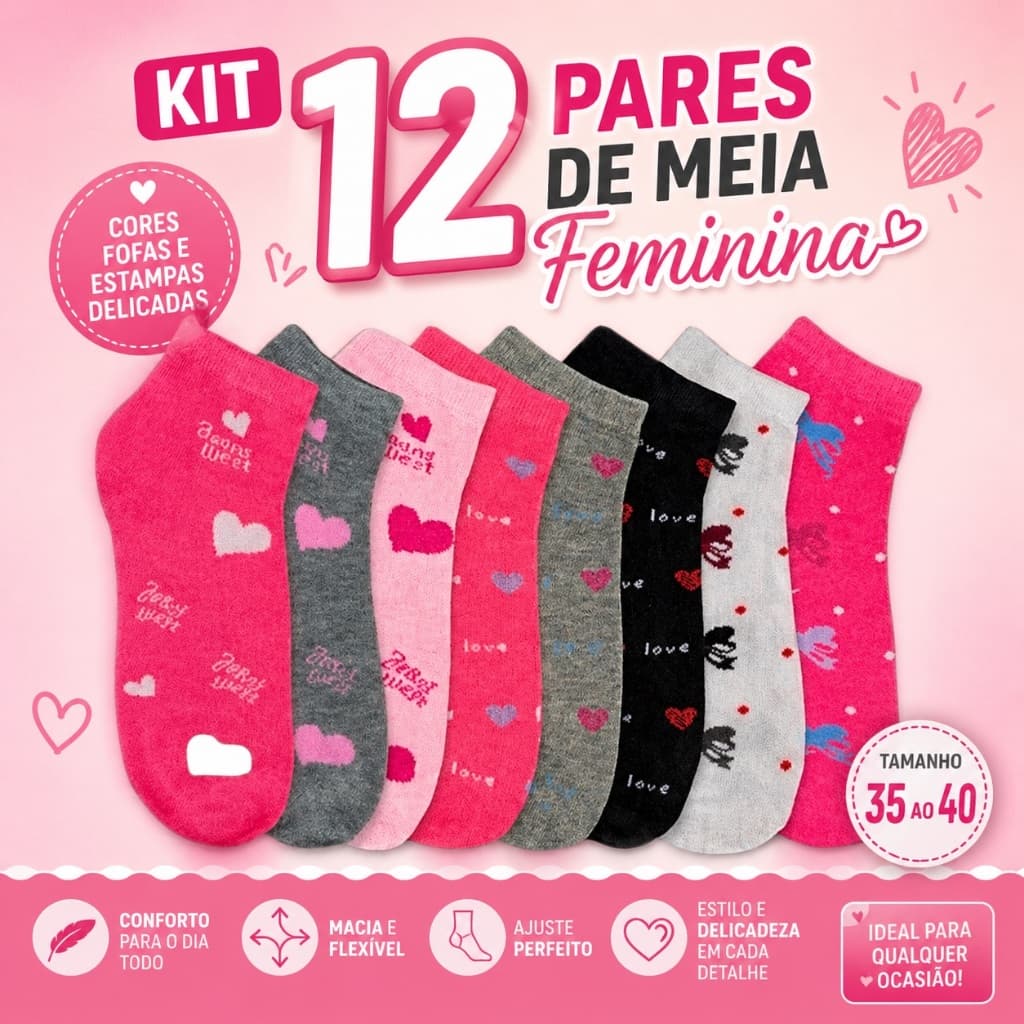 Kit 12 Pares Meia Feminina Soquete Estampada | Cano Curto Conforto Dia a Dia