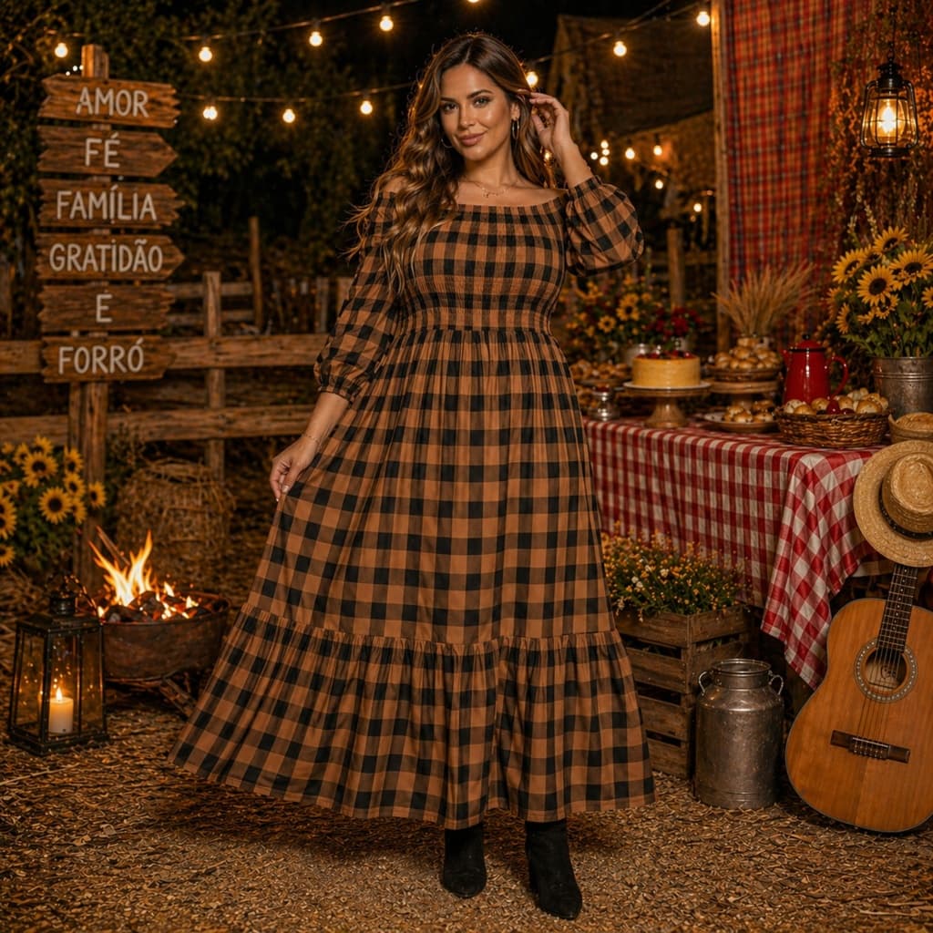 Vestido Xadrez São João Ombro a Ombro Moda Plus Size Vestido Longo