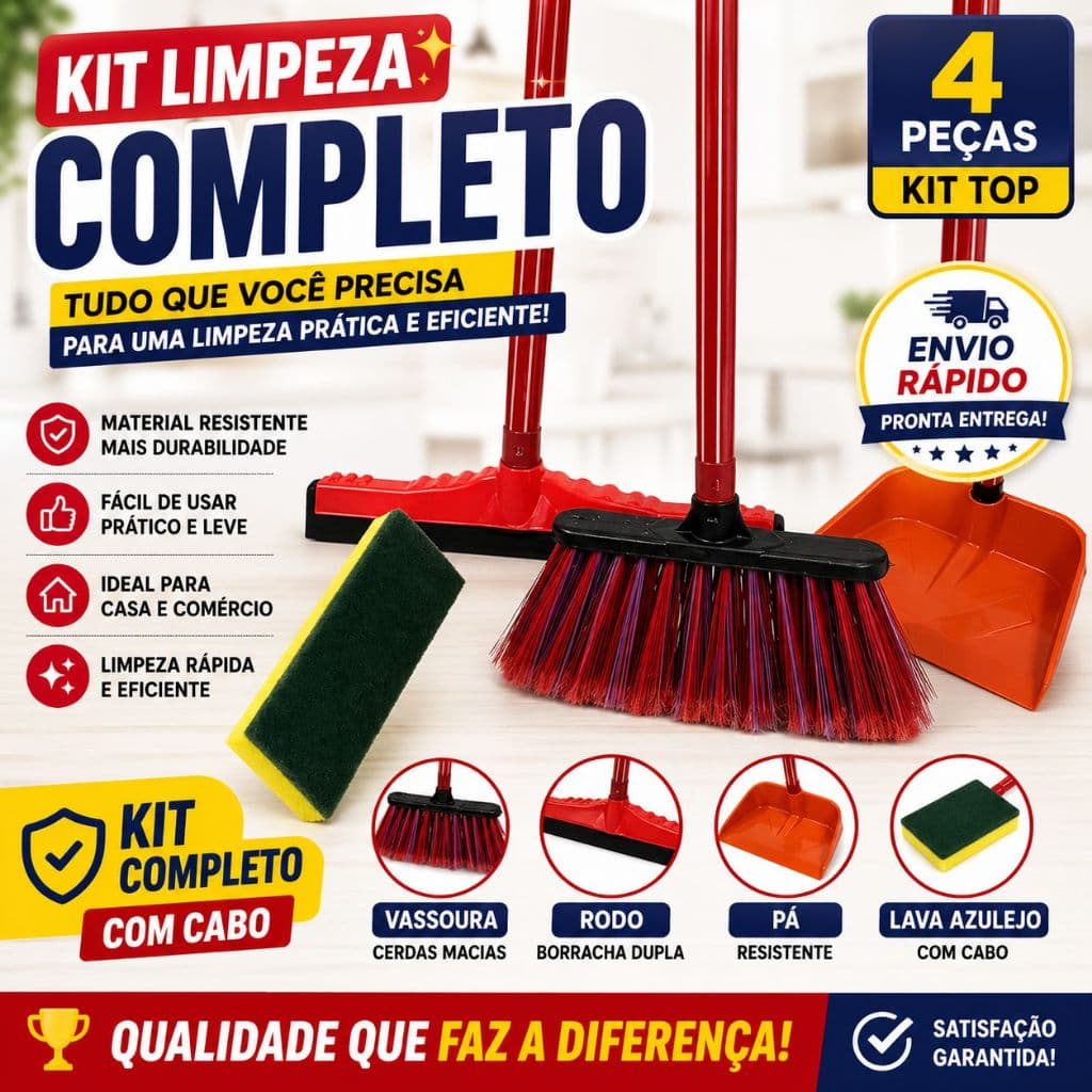 Kit Limpeza Completo 4 Peças Vassoura + Rodo + Pá + Lava Azulejo Com Cabo Resistente Envio Rápido