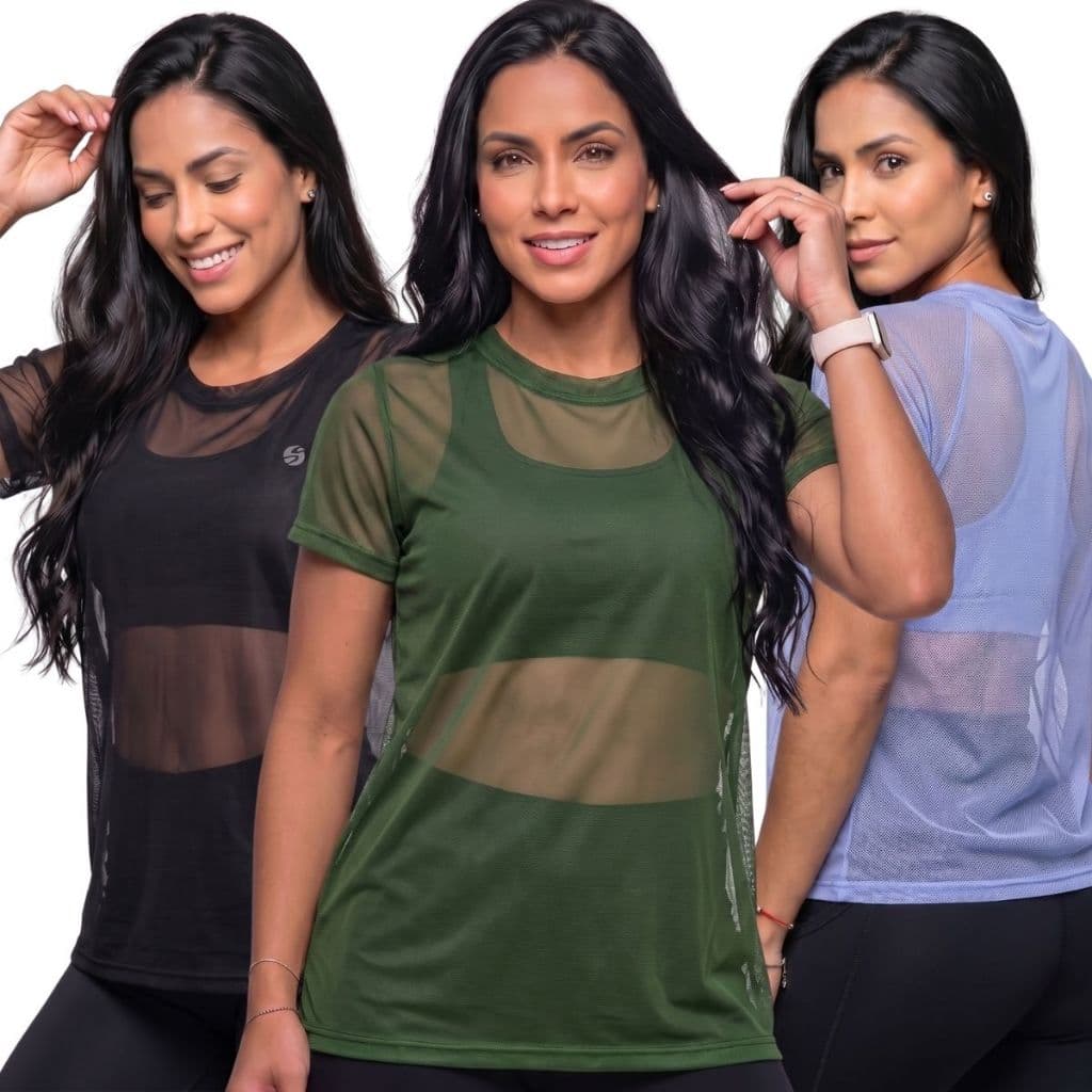 Kit 3 Blusa Tule Feminina Arrastão Transparente Tule Arrastão Manga Curta Moda Fitness Academia Treino Camisão Leve
