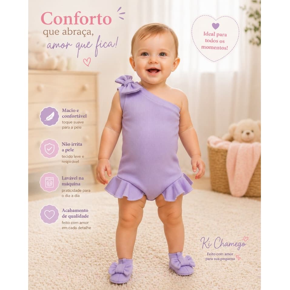 Romper body com babado e laço no ombro