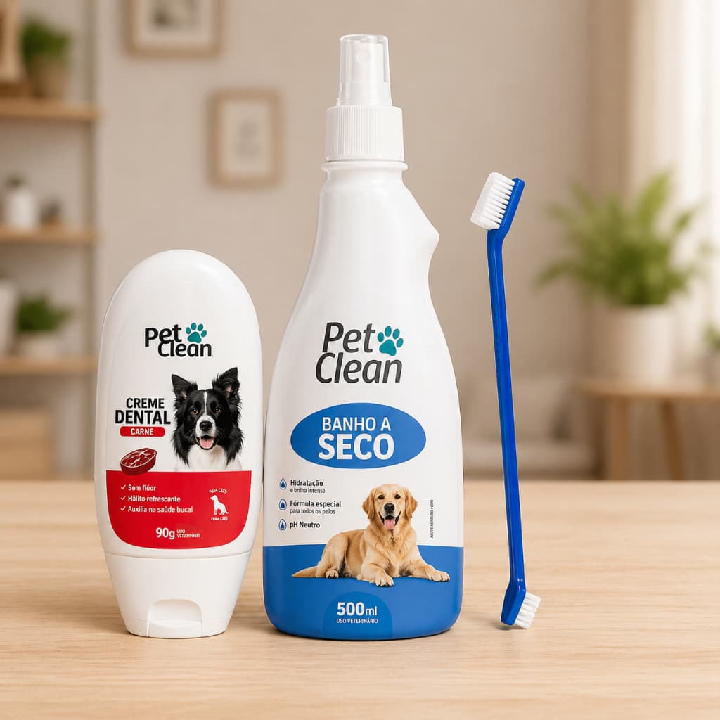Pet Clean Kit Banho a Seco 500ml Creme Dental e Escova de Dente para Cachorros e Gatos