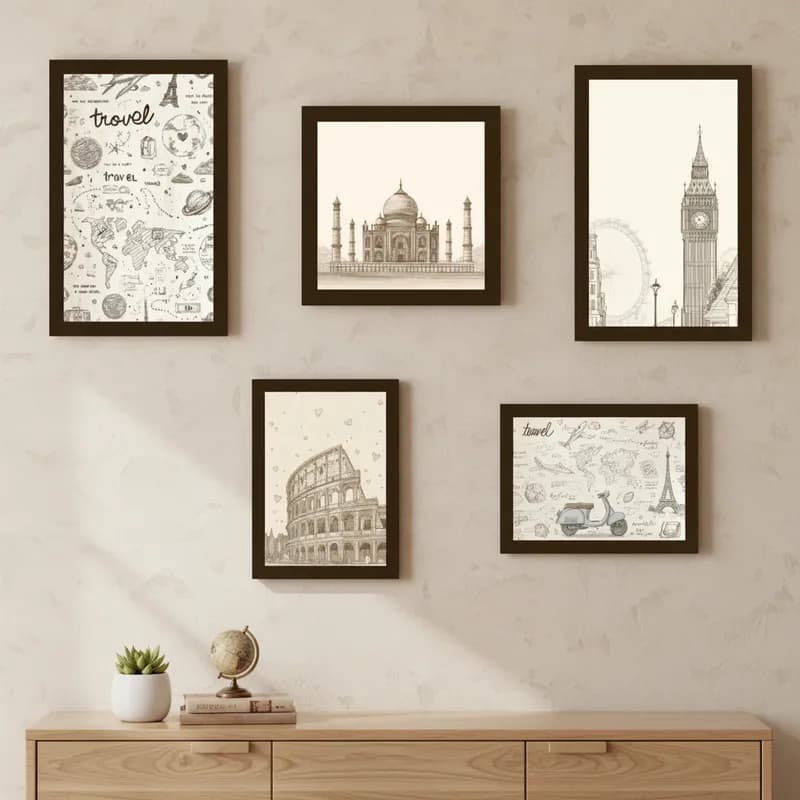 Kit 5 Estilosos Quadros Decorativos Viagem Taj Mahal Londres Coliseu Bege Mdf Para Sala Quarto Cozinha
