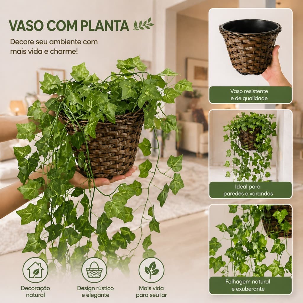 2 Folhagens Penduradas Artificial Com Vaso Trançado Para Parede