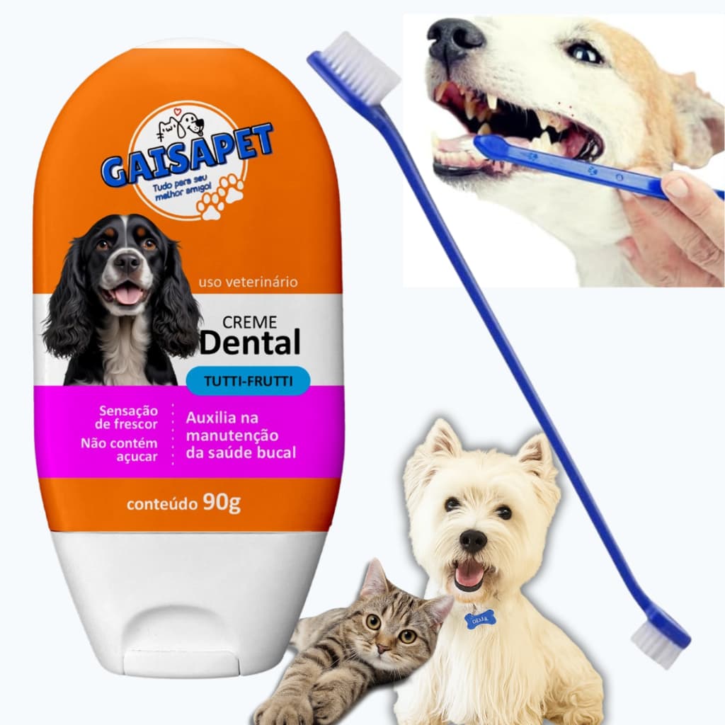 Kit Creme Dental Pet + Escova de Dente Pet Dupla cores sortidas Pasta de Dente para Cachorro e Gatos Higiene Bucal Pet