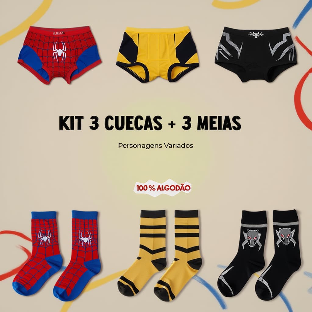 Kit Cueca + Meia Infantil Divertida Estampada Colorida