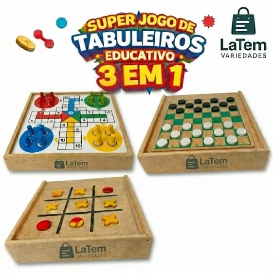 Jogos de Mesa 3x1 Dama, Ludo e Jogo da Velha Clássicos Brinquedos Educativos