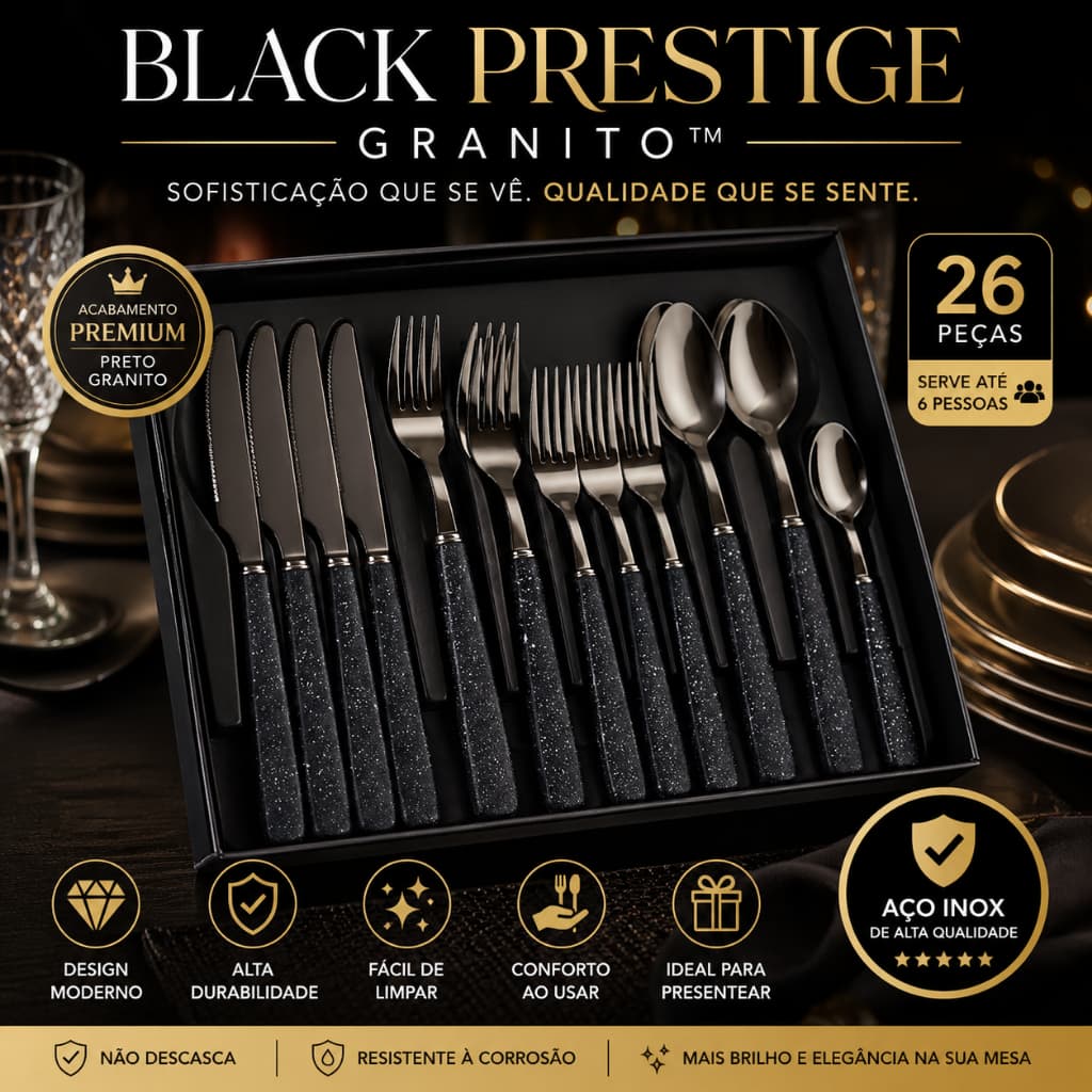 Conjunto Talheres Jantar Moderno 26 Pecas Preto Granito Revestimento Antiderrapante