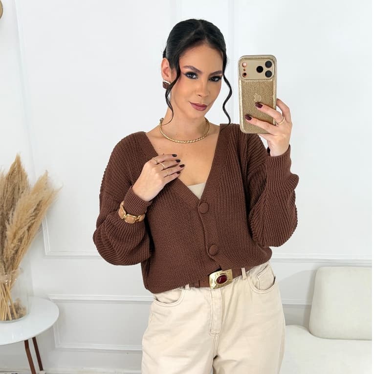 Cardigan Tricot Feminino com Botões Casaco Inverno Macio Estiloso Versátil